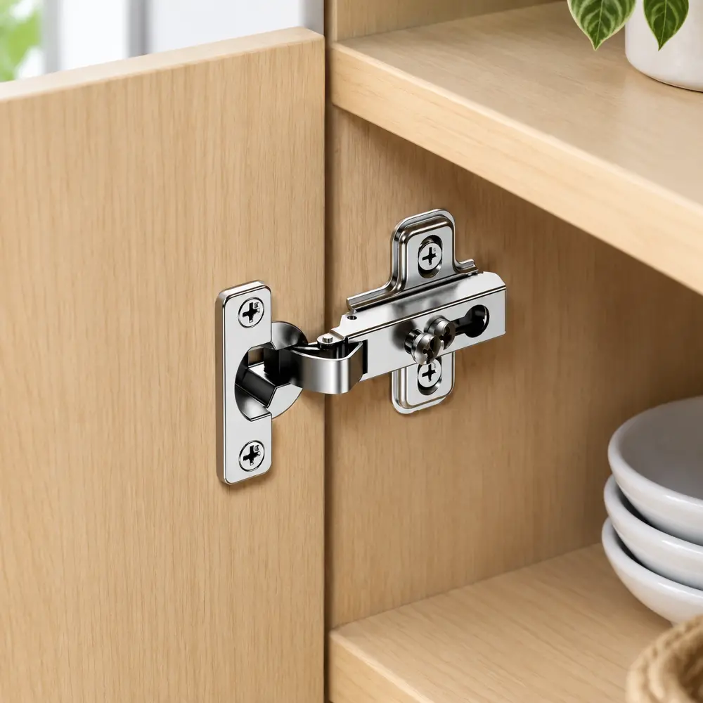 Side-profile view of a hinge mechanism on a light wood cabinet. The focus is on the mounting plate and the compact, industrial design of the hinge arm.