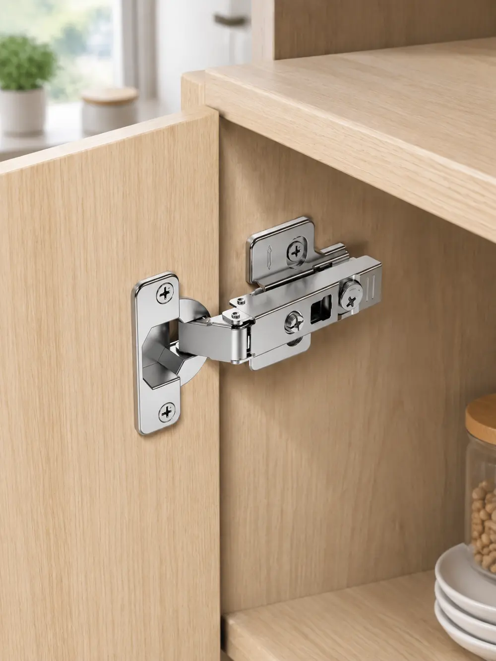 Close-up of the B20 hinge model, focusing on the hinge cup and the arm, showing the metallic luster and the precise placement of screws.