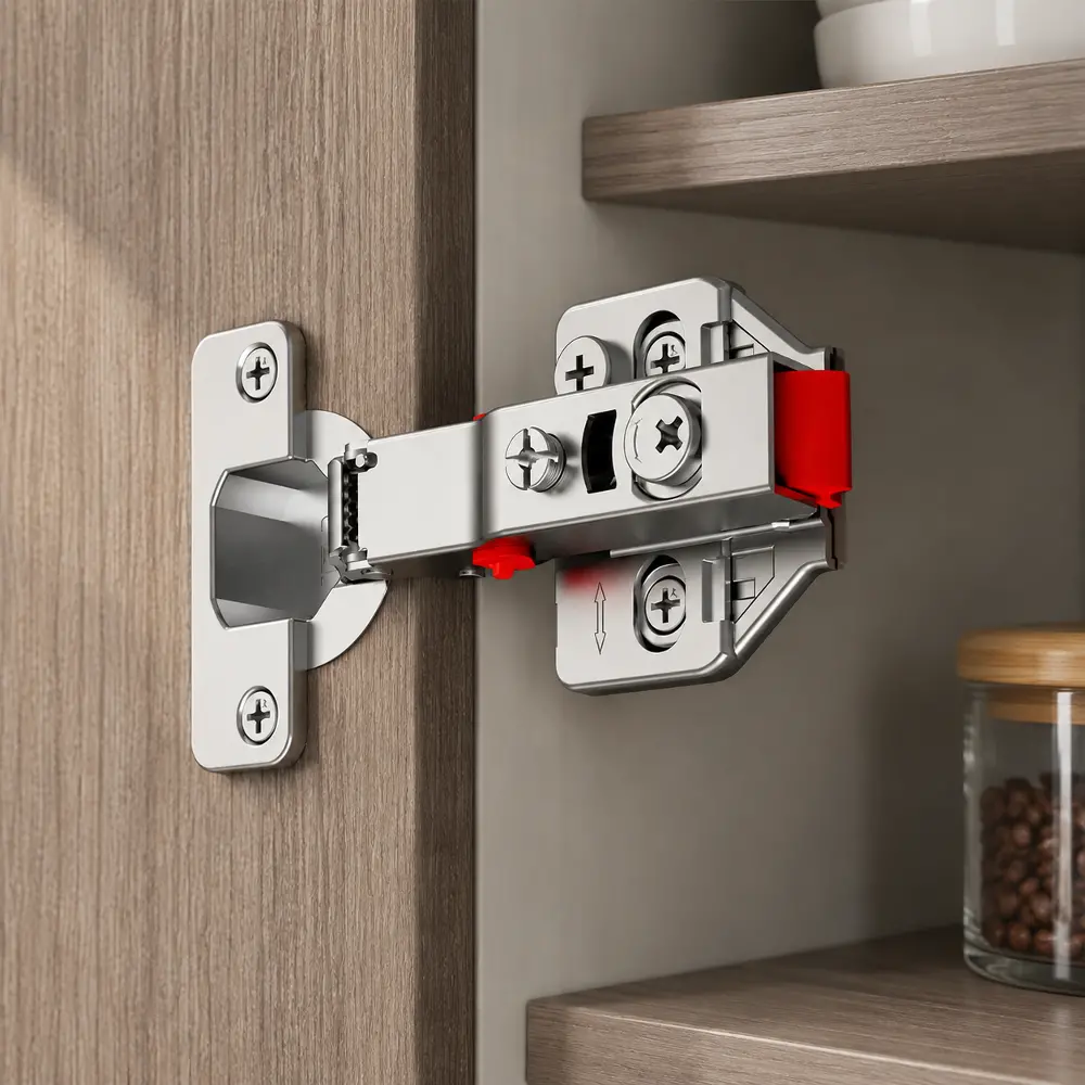 Side view of the hinge mechanism showing the 3D adjustment screw