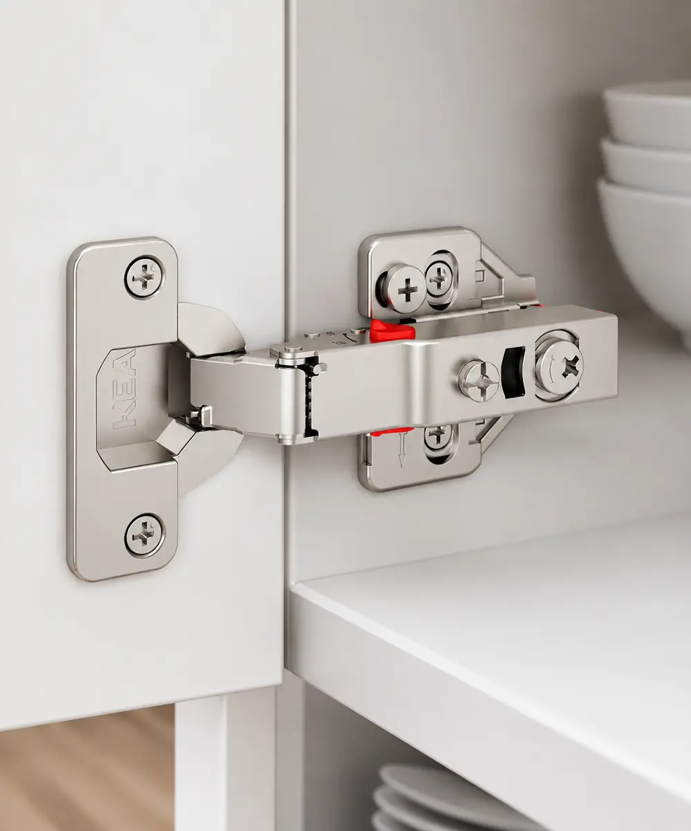 Close-up of a hinge mounted on a white cabinet surface focusing on the red adjustment trigger and clean design
