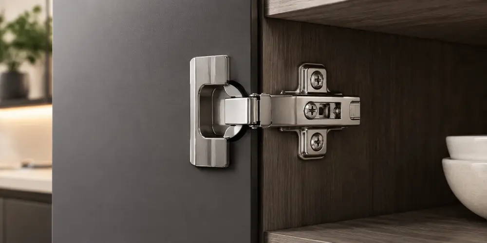 Detailed macro shot of the hinge adjustment screw highlighting precision machining and nickel-plated finish