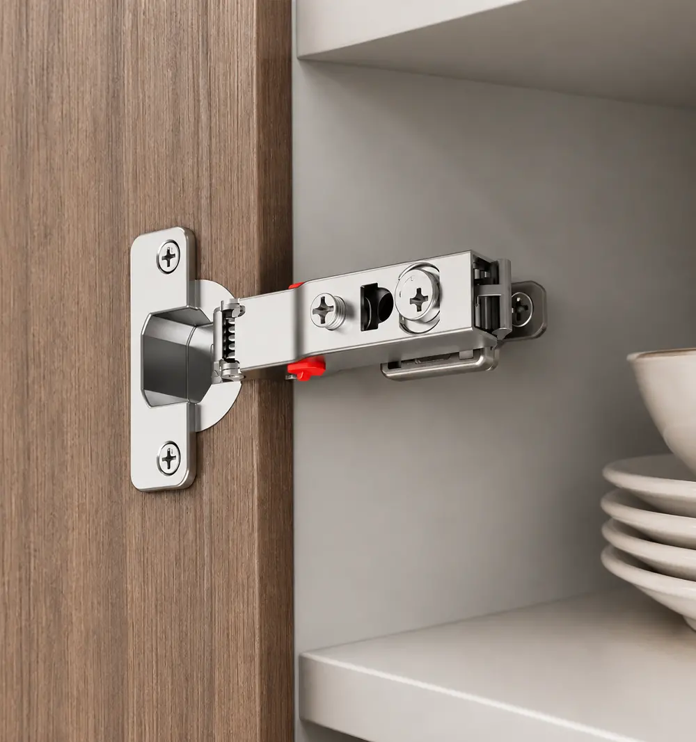 Close-up side view of a silver-toned metal hinge mounted on a wood-grain cabinet panel. The hinge features a prominent red plastic release trigger and visible adjustment screws with cross-head slots.