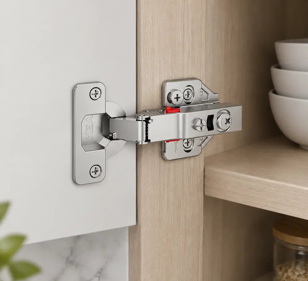 Close-up of a hinge mounted on a white cabinet surface. The focus is on the red adjustment trigger and the clean, minimalist design of the hinge arm and mounting plate.