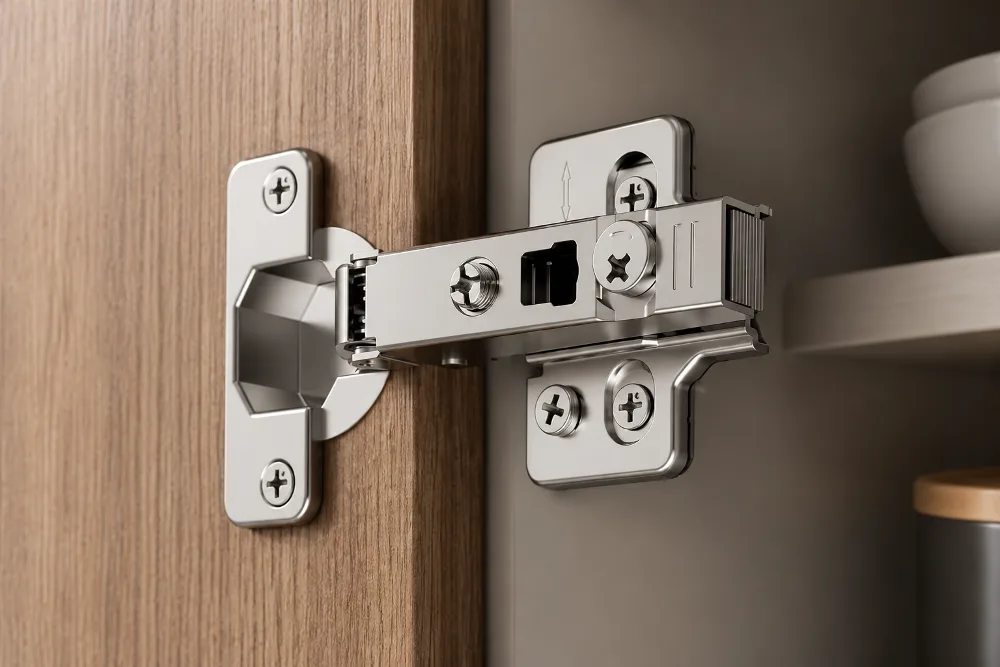 A detailed view of a stainless steel hinge, highlighting its rust-resistant properties and polished finish, suitable for humid environments like kitchens and bathrooms.